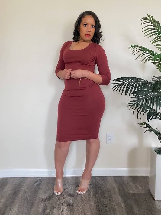 Brick Midi Dress with Round Neck