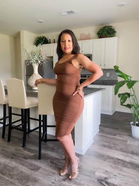 Brown Ruched Midi Dress