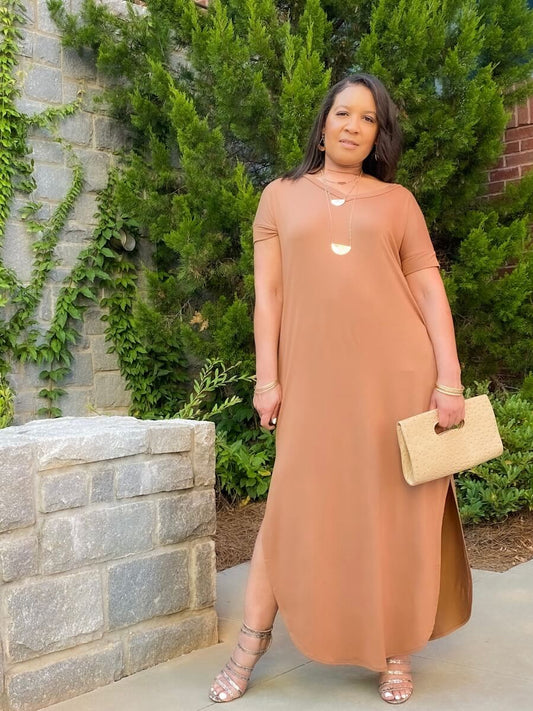 Camel Short Sleeves Maxi Dress