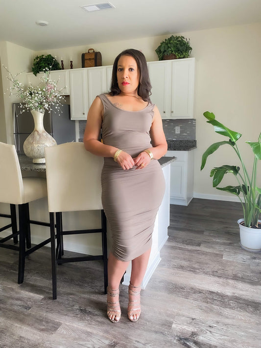 Taupe Ruched Midi Dress