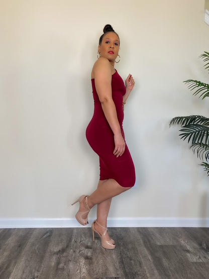 Burgundy One Shoulder Midi Dress