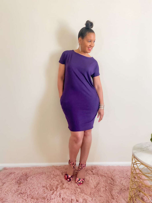 Purple T Shirt Short Sleeve Dress with Pockets