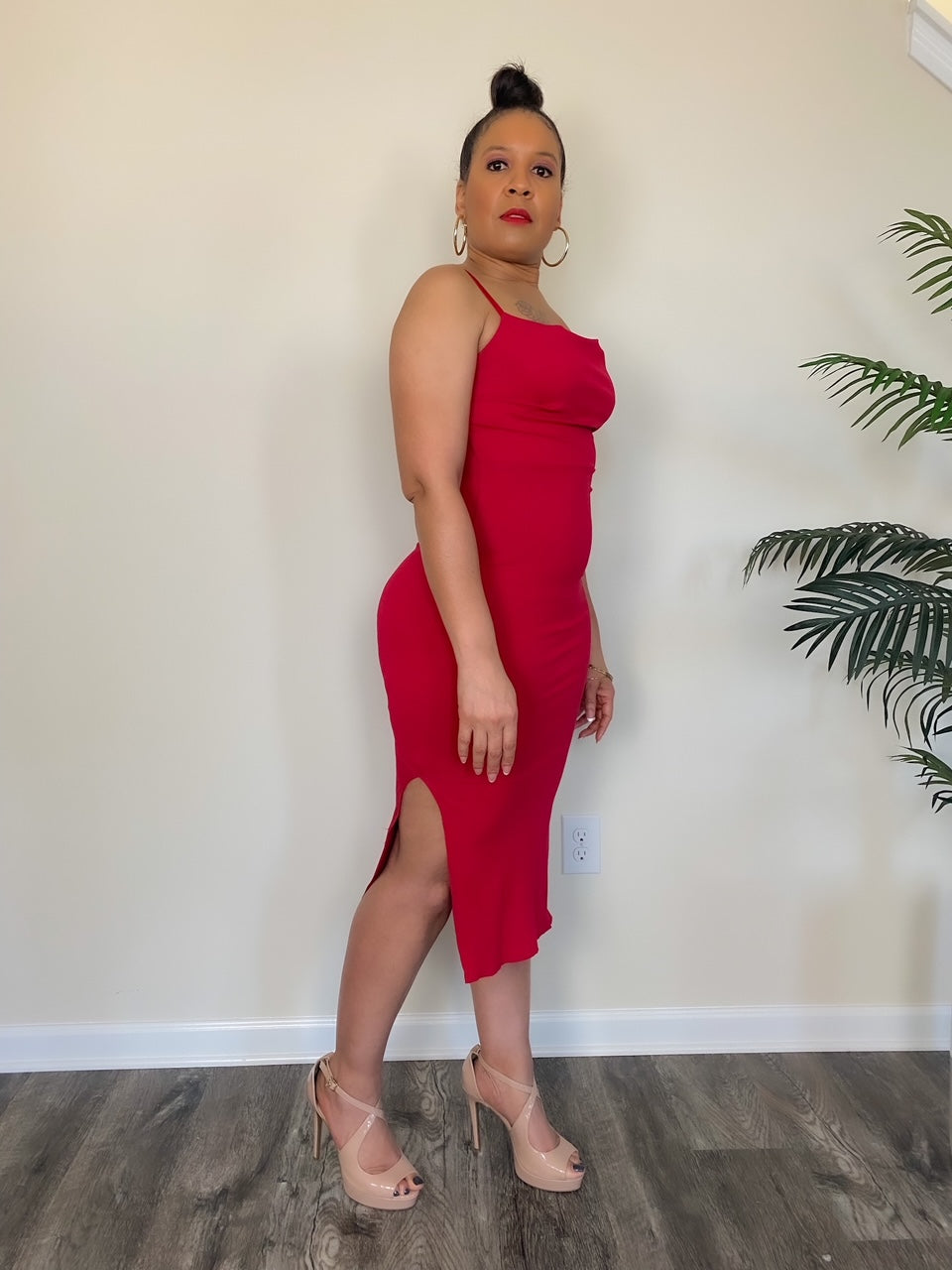 Red Midi Dress with Side Slit